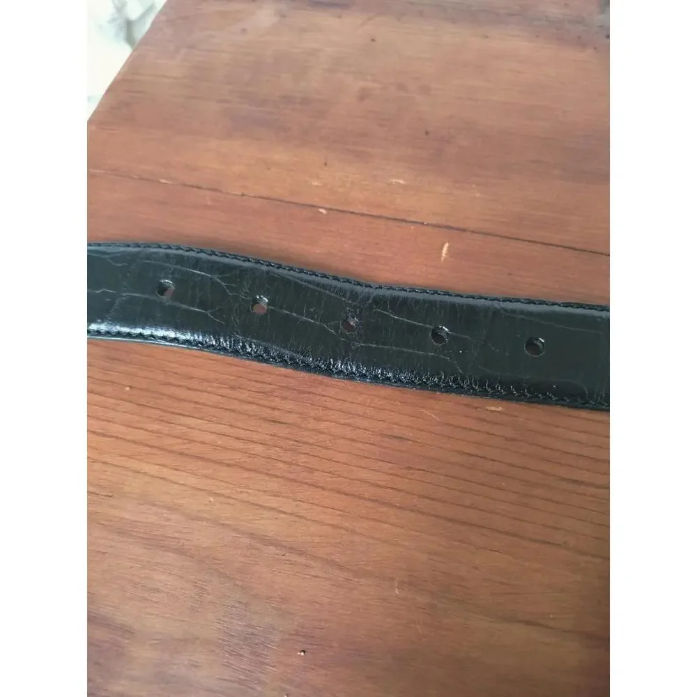 Vintage Fossil‎ Black L Croc-Embossed Leather Belt - Ornate Hinged Silver Buckle